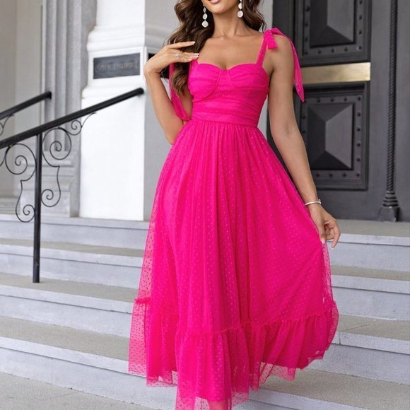 Pink Casual Womens Tie Shoulder Ruched Bust Ruffle Hem Mesh Overlay Cami Dress - Picture 4 of 5